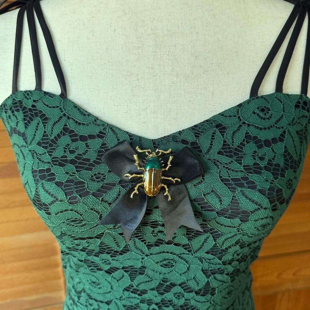 Voodoo Vixen Gothic Fairy Dark Fairycore Beetle Lover Green & Black Lace Dress S - Picture 2 of 6